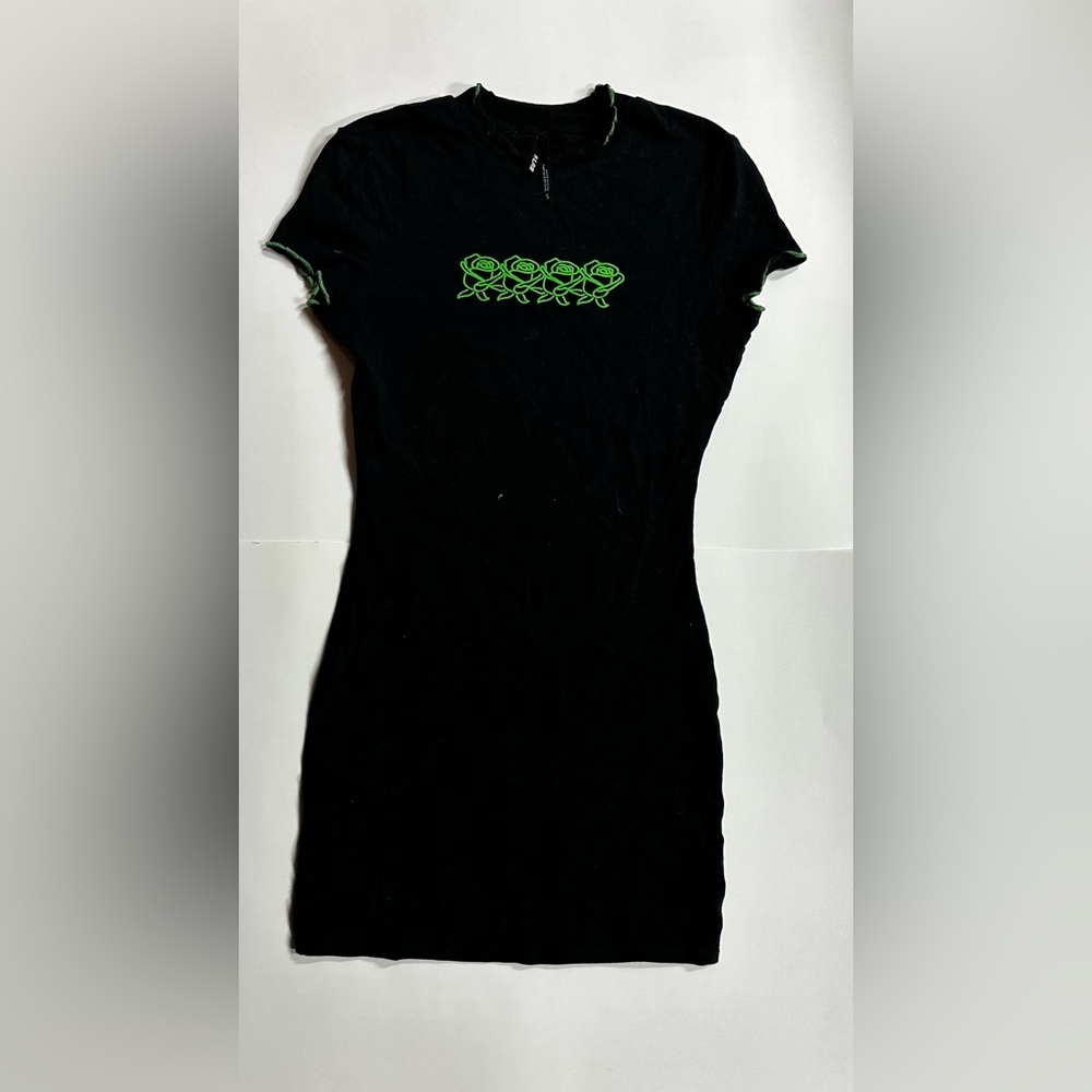 ALAB bodycon black mid thigh dress with green rose graphic and details